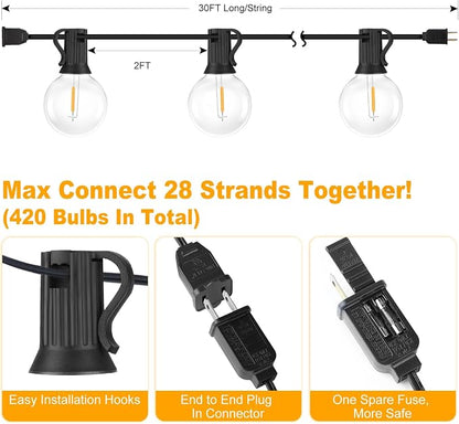 Outdoor G40 LED Globe String Lights 30Feet Dimmable Waterproof Shatterproof Patio Light with 15+2 Bulbs Connectable Commercial Hanging Lights for Christmas Patio House Backyard Balcony Party(Black)