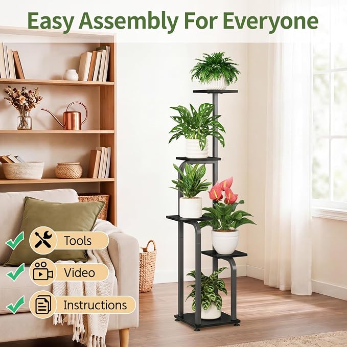 LASZOLA 5 Tiered Plant Stand Tall for Indoor Corner, Modern Multiple Flower Display Rack with Wooden Tray, Vertical Planter Shelf for Living Room Bedroom Patio Garden Balcony, Black