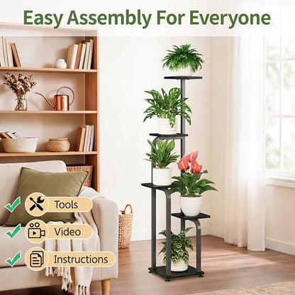 LASZOLA 5 Tiered Plant Stand Tall for Indoor Corner, Modern Multiple Flower Display Rack with Wooden Tray, Vertical Planter Shelf for Living Room Bedroom Patio Garden Balcony, Black