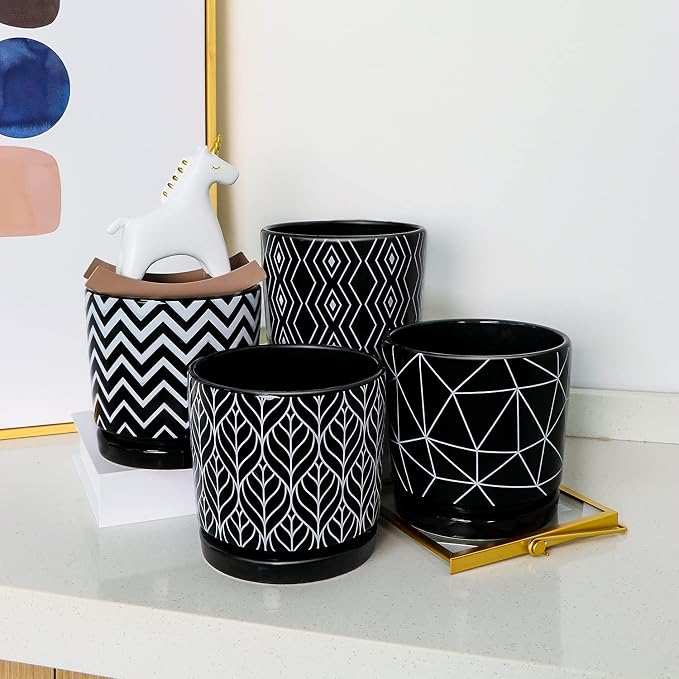 Ton Sin Flower Pots, 5.5 Inch Black Ceramic Planter Pot with Drainage Hole, Indoor Cylinder Plant Pots with Saucer, Cactus Succulent Pots Outdoor Garden Pots Set of 4