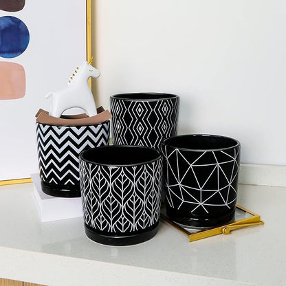 Ton Sin Flower Pots, 5.5 Inch Black Ceramic Planter Pot with Drainage Hole, Indoor Cylinder Plant Pots with Saucer, Cactus Succulent Pots Outdoor Garden Pots Set of 4