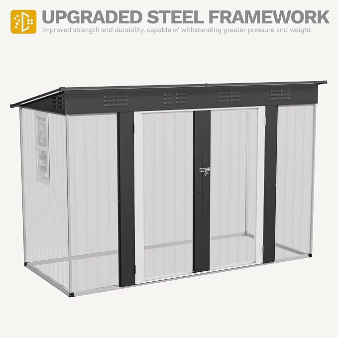 DWVO 9' x 4' Outdoor Storage Shed with Windows, Lockable Double Doors, Sloped Roof, Heavy-Duty Steel Shed for Garden & Patio, Large Backyard Tool Organizer, Dark Gray
