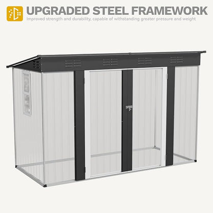 DWVO 9' x 4' Outdoor Storage Shed with Windows, Lockable Double Doors, Sloped Roof, Heavy-Duty Steel Shed for Garden & Patio, Large Backyard Tool Organizer, Dark Gray