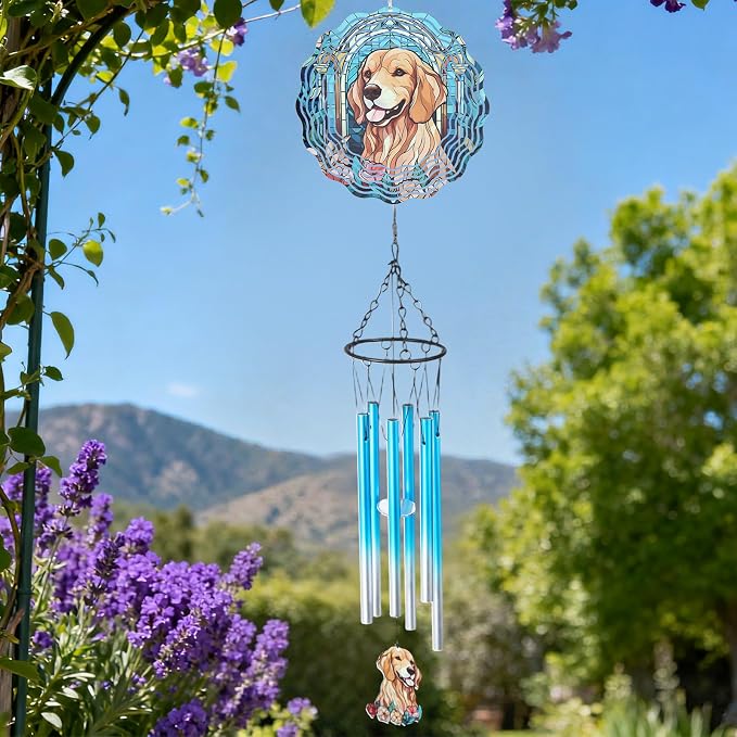 Dog Metal Wind Chimes - Windchimes with Wind 3D Spinners Outdoors | Golden Retriever Art Hanging Decor for Garden Patio Yard Indoor Balcony Home Birthday Gifts for Women Dogs Mom Friends