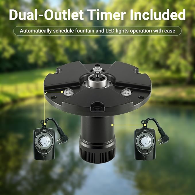 Vellara 120W Floating Pond Fountain with Built-in RGB LED Lights – 4 Spray Nozzles Included, 65ft Cord, Designed for Small Ponds
