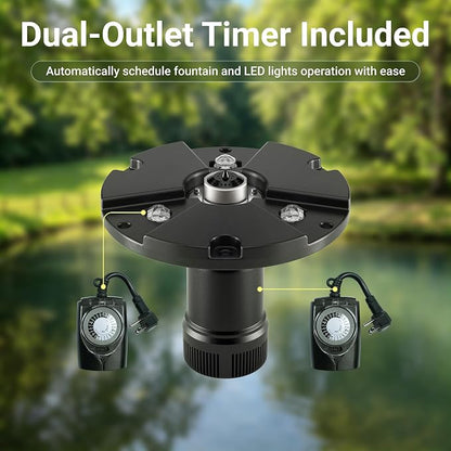 Vellara 120W Floating Pond Fountain with Built-in RGB LED Lights – 4 Spray Nozzles Included, 65ft Cord, Designed for Small Ponds