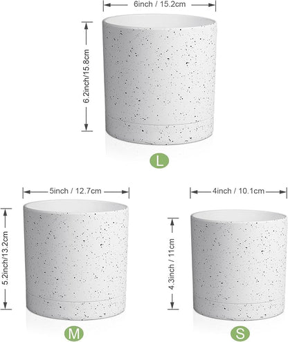 Meowell 6/5/4 inch Plant Pots, 3 Pack Cylinder Flower Pots for Small Indoor Outdoor Plants, Plastic Planters with Drainage Holes and Saucers for Garden Succulent House Plants, Speckled White