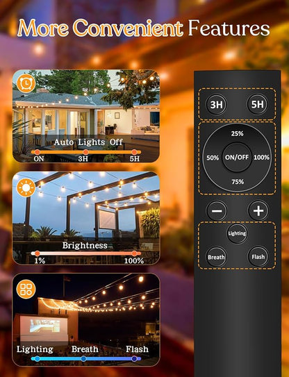 YOYONACY 50 FT Outdoor String Lights - LED Waterproof Patio Lights with Dimmer Remote - Edison Bulbs for Porch, Backyard & Cafe/Bistro
