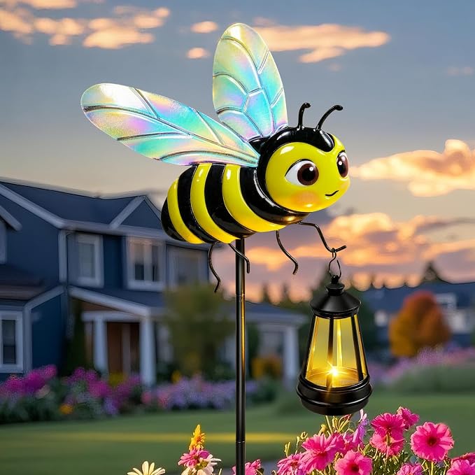 EDOF 32.28in Metal Bee Garden Stakes with Solar Lights Outdoor Decorative | Solar Lights Waterproof Bee Garden Decor for Yard Art Outside Patio Porch Lawn,Birthday Gifts for Women Mom
