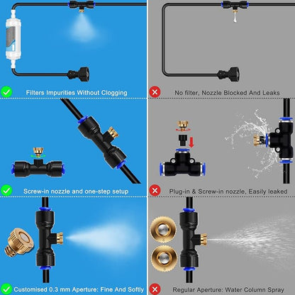 Misting System with Water Filter - Upgraded Signice 26 Ft (8M) Line & 7 Brass Mist Nozzles Outdoor Misters for Patio Cooling Mister Systems Kit for Outside Garden Backyard Greenhouse (Black)