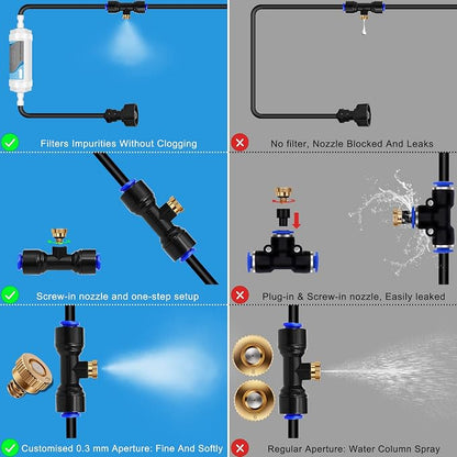 Misting System with Water Filter - Upgraded Signice 50 Ft (15.3M) Line & 12 Brass Mist Nozzles Outdoor Misters for Patio Cooling Mister Systems Kit for Outside Garden Backyard Greenhouse (Black)