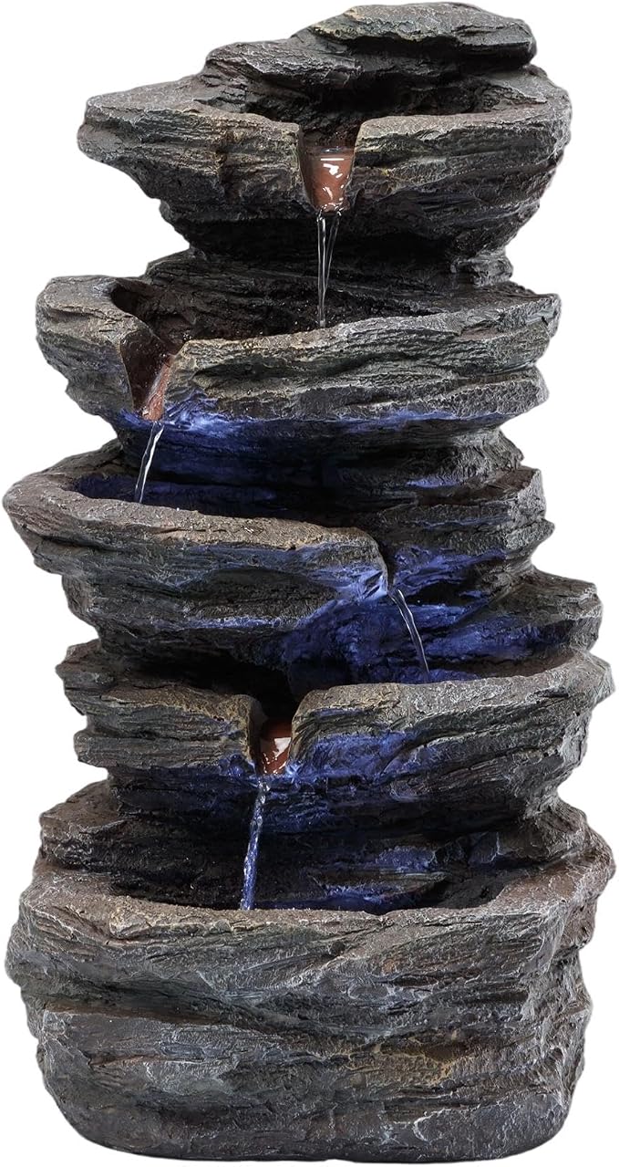 20" Outdoor Water Fountain with Lights, 5-Tiered Cascading Rock Water Fountain, Outdoor Garden Waterfall Decor for Garden, Patio, Courtyard