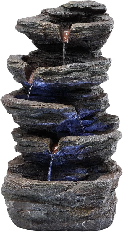 20" Outdoor Water Fountain with Lights, 5-Tiered Cascading Rock Water Fountain, Outdoor Garden Waterfall Decor for Garden, Patio, Courtyard