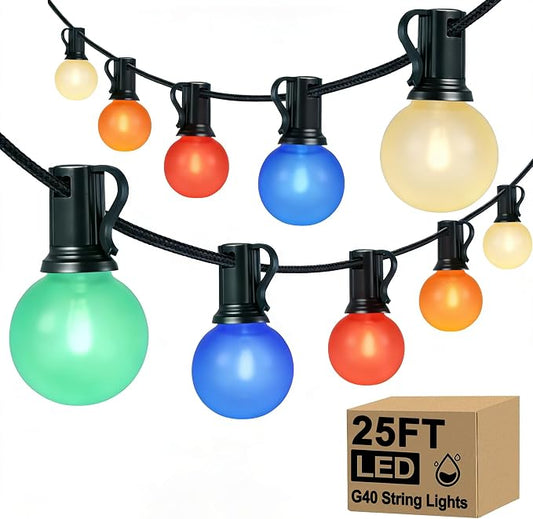 G40 LED Outdoor Christmas String Lights, 25FT Hanging Globe String Light | 25+2 Shatterproof Ceramic Multicolor Lights, Connectable, Waterproof Patio Lights for Balcony Pergola Decor, Green Wire