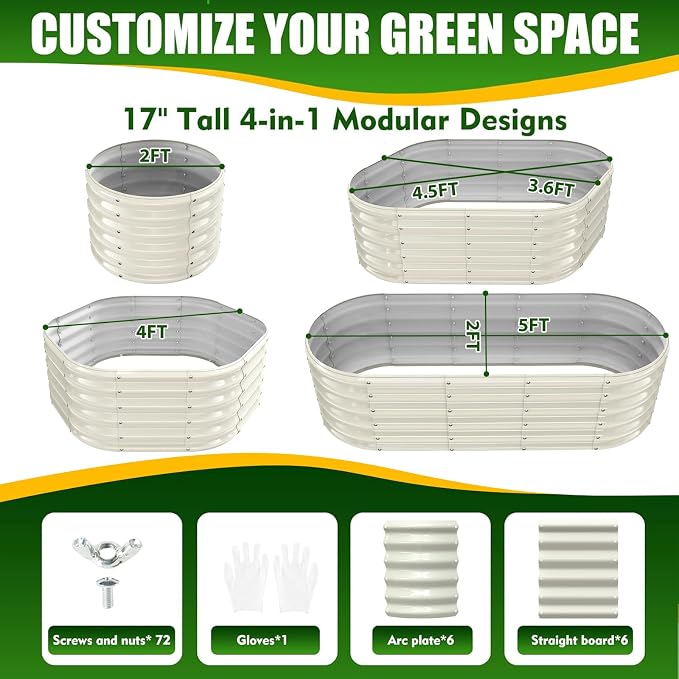 TBMLC 17" Tall Elevated Oval Metal Raised Garden Bed - 5ft x 2ft in Size and 0.8MM Thick Durable Planter Bed/Box for Vegetables Flowers Succulent at Patio/Garden Outdoor (White, 5X2X1.4 FT)