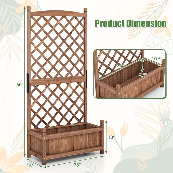HAPPYGRILL Raised Garden Bed with Trellis, Large Planting Box w/Drainage Holes, 60” Wooden Garden Planter w/Diamond Lattice Trellis for Climbing Plants, Outdoor Planter Box for Patio (2, Coffee)
