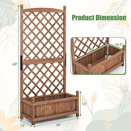 HAPPYGRILL Raised Garden Bed with Trellis, Large Planting Box w/Drainage Holes, 60” Wooden Garden Planter w/Diamond Lattice Trellis for Climbing Plants, Outdoor Planter Box for Patio (2, Coffee)
