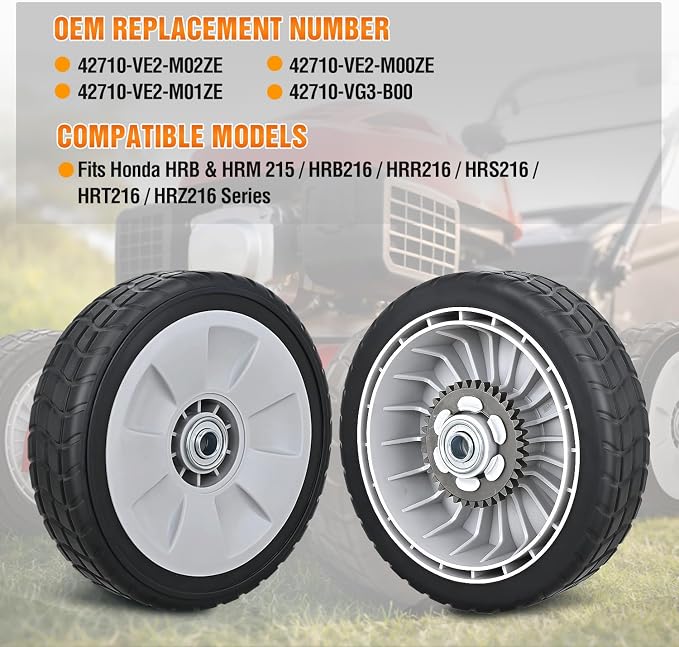 Yesker Lawn Mower Drive Wheels Replacement 8 Inch 42710-VE2-M02ZE Assembly, Honda Lawnmower Rear Wheels Compatible with HRB215 HRB216 HRB217 and More Similar for Self-Propelled Walk-Behind, 2-Pack