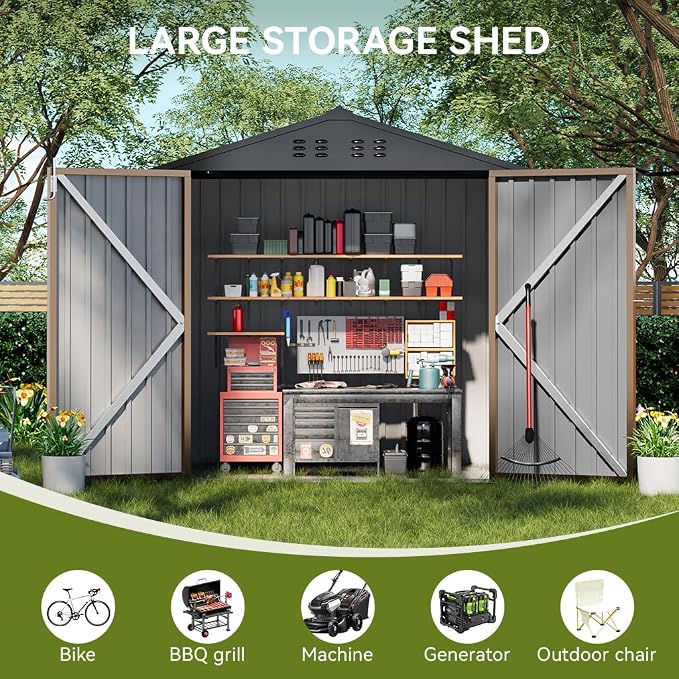 COMHOMA Shed Outdoor Storage Shed Metal,Lockable Doors Tool Sheds with Sloping Roof,Steel Garden Shed with Air Vent for Backyard,Patio,Lawn,Poolside(Brown,8'x6') | Sloping Roof and Air Vent Perfect for Backyard Patio Lawn and Poolside