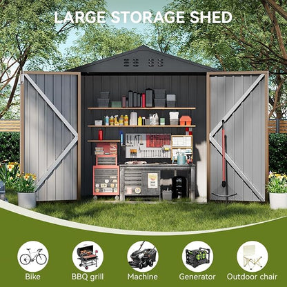 COMHOMA Shed Outdoor Storage Shed Metal,Lockable Doors Tool Sheds with Sloping Roof,Steel Garden Shed with Air Vent for Backyard,Patio,Lawn,Poolside(Brown,8'x6') | Sloping Roof and Air Vent Perfect for Backyard Patio Lawn and Poolside