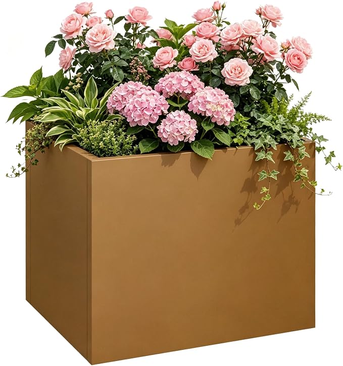 24"x24"x25" Corten Steel Planter Box, Rustic Metal Planter with Drainage Holes, Rust & Weather Resistant for Patio Garden Indoor Outdoor Commercial Use