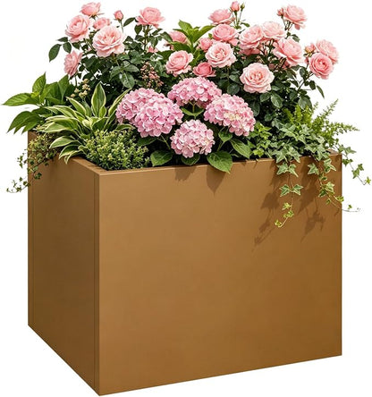 24"x24"x25" Corten Steel Planter Box, Rustic Metal Planter with Drainage Holes, Rust & Weather Resistant for Patio Garden Indoor Outdoor Commercial Use