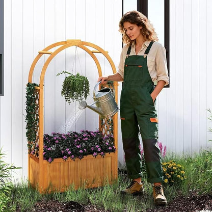 HAPPYGRILL Raised Garden Bed with Trellis, Wooden Elevated Planter Box w/Ached Roof & Detachable Bottom Panels, Liner, Drainage, Indoor Outdoor Wood Planter for Climbing Plants Vine Flower (2)