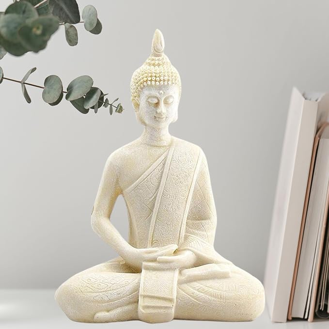 Bellaa Buddha Statue Zen Home Decor Mindfulness Meditation Sculpture Peace Harmony Dhyana Mudra Sitting Blessing Altar Figurine White
