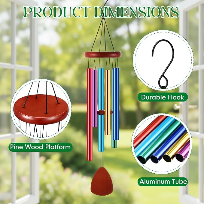 Leinuosen Wind Chimes for Outside Wind Chimes Outdoors Deep Tones 28" with 6 Aluminum Tubes Memorial Sympathy Windchime for Valentine Tree Decor Garden Courtyard Mom Loved One Gifts(Classic,Colorful)