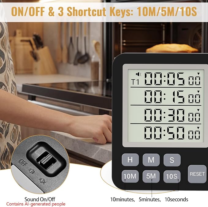 Digital Dual Kitchen Timer, 4 Channels Independent Countdown Timer, Large Display, On/Off, Loud Volume Alarm and Flashing Light with Magnetic Back, Stand, Battery Included (Black)