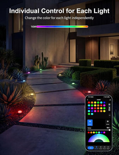 APPECK Outdoor Ground Lights 15 Pack, 32FT RGBCW Color Changing Pathway Lights Waterproof, 2200-6500K CCT Landscape Lighting, for Path Garden Lawn Patio Holiday Party Decor, Compatible with Alexa
