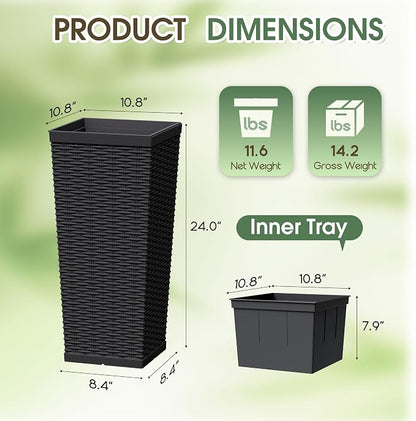 30 Inch Tall Plastic Planters(Set of 2), Detachable Inner Pot & Drainage Holes, Outdoor Decorative Flower Pots for Large Plants, Trees, Patio, and Garden, Black
