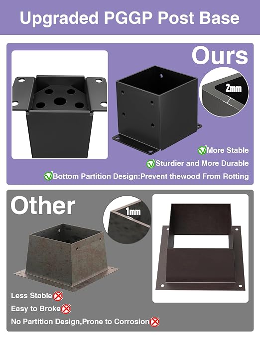 2 PCS Metal 6×6 Post Base, Inner Size 5.6"x5.6" | Heavy Duty Post Bracket, Anti-Corrosive Partition, Powder-Coated, For Pavilion Deck Railing Support