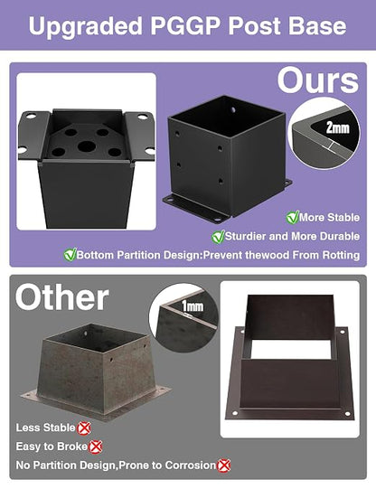 2 PCS Metal 6×6 Post Base, Inner Size 5.6"x5.6" | Heavy Duty Post Bracket, Anti-Corrosive Partition, Powder-Coated, For Pavilion Deck Railing Support