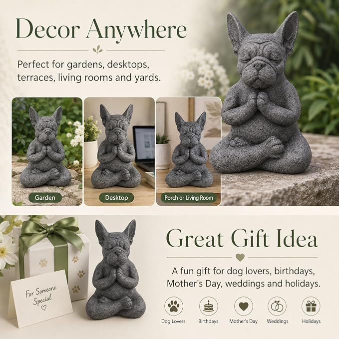 Meditating Buddha Bulldog Statue-Cute Funny Zen Animal Tabletop Decor for Home and Garden for Patio Lawn Yard Porch Ornament Garden Gift