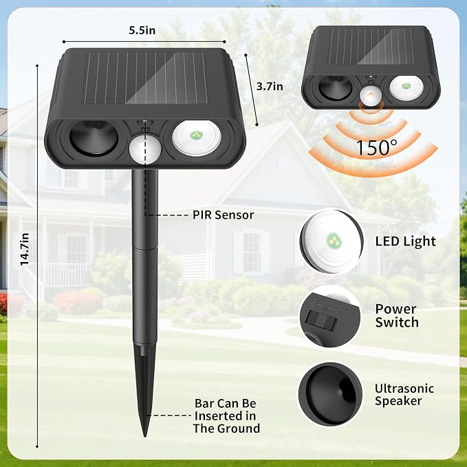 Solar Ultrasonic Animal Repellent, Deer Repellent Devices Waterproof, Cat Repellent Outdoor with Motion Detection Squirrel Skunk Rabbit Dog Raccoon Deterrents Animal Repeller for Yard, 1 Pack, Black