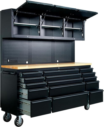 CHETTO C 72-inch Rolling Tool Chest Cabinet Mobile Workbench Black Tool Box with 3 Upper Cabinet 15 Storage Drawers Wheels Outlet SS Pegboard for Warehouses