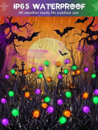 Halloween Decor Outdoor Solar Firefly Lights 6PK 48 LED Orange Purple Green | 2 Lighting Modes, Memory Function and Auto On/Off, Sway with Wind, Waterproof Halloween Decor for Outside Horror Party Garden