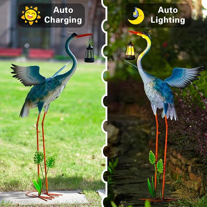 DREAMSOUL Solar Garden Statues 40.6 Inch Tall Heron Outdoor Statues, Metal Crane Statue for Garden, Patio, Yard Decor