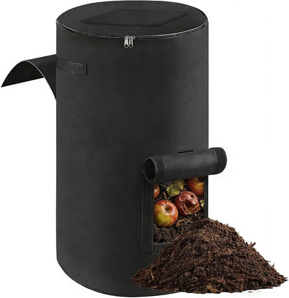 Compost Bin Outdoor with Handles Observation Windows, 34 Gallon | Black Reusable foldable compost bucket compost bag for home garden yard waste, thickened breathable felt material