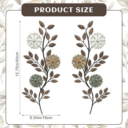 MorningRo 2 Pcs Metal Flower Leaves Wall Art Spring Wall Decor Living Room, 15.75 Inch Vintage Rustic Branch Leaf Wrought Iron Scroll Art Decor for Summer Bedroom Indoor Outdoor Decorations(Brown)