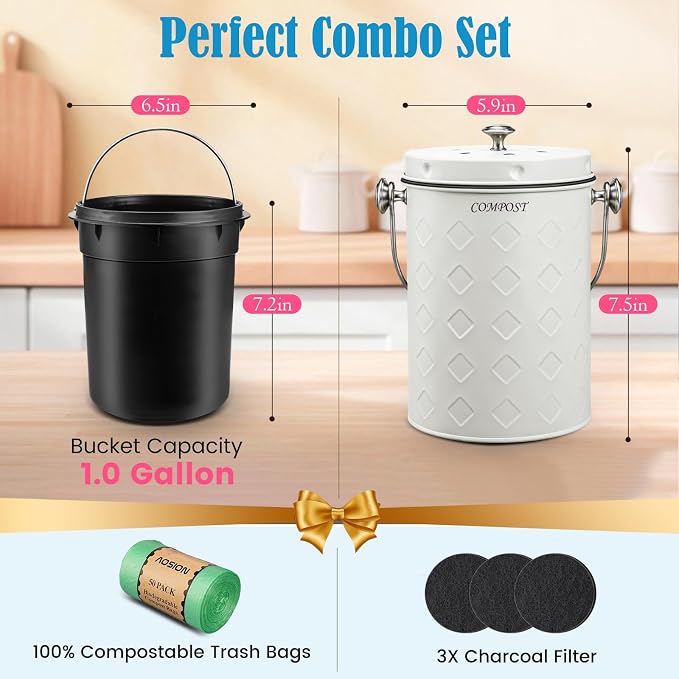 AOSION Countertop Compost Bin Kitchen,Odorless Indoor Compost Bin with Lid | 1 Gallon Composter Container,Removable Inner Bucket,50 Compost Bags,2 Carbon Filters,ideal for food scraps,coffee grounds