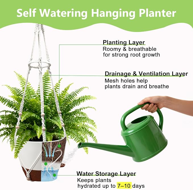 2 Pack Self Watering Hanging Planters with Grow Light for Indoor Plants | 10 Brightness, 3 Light Modes, 3/9/12H Timer, Built-In Reservoir, Drainage Holes, 10 in Pots