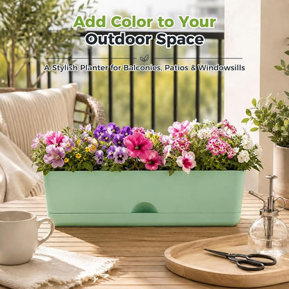 6 Pack Rectangle Planter 16x4.4 Inch Window Boxes Planters Rectangular Window Sill Planters Indoor Self Watering Plant Pots with Drainage Holes and Saucers Succulent Herb Flower Pots, Green