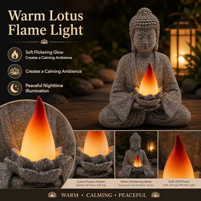 olar Garden Buddha Statue with Lotus Flame Light, Zen Resin Outdoor Decorations for Patio Yard Lawn Porch, Meditation Garden Decor Gifts for Housewarming Mom Women