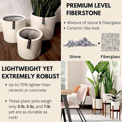 Fox & Fern Large Indoor Planter, Modern Large Plant Pot for Indoor or Outdoor, UV and Frost Resistant - Set of 3: 8, 10, 11.8 Inch, White Flower Pot with Drainage Plug, Lightweight