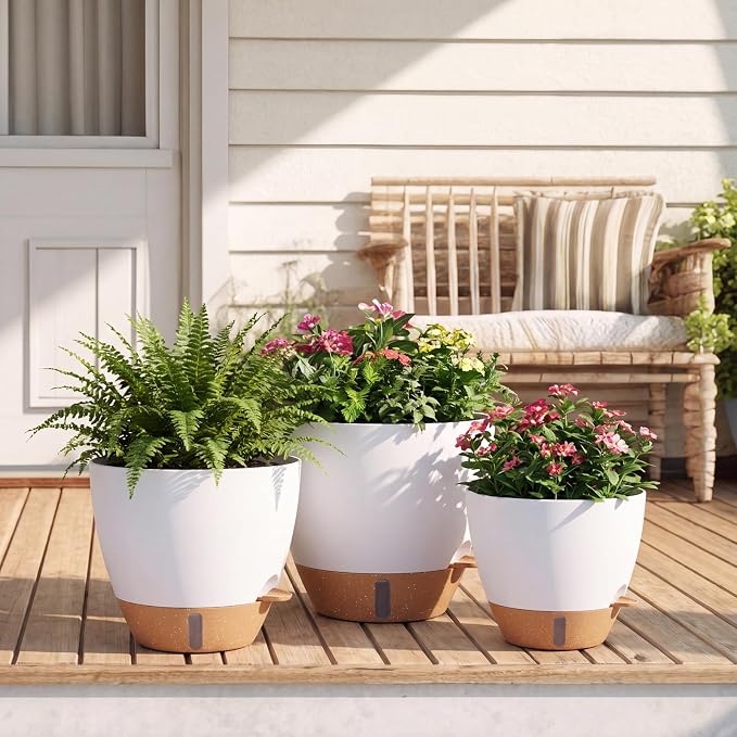 Ecolley Self-Watering Pots for Indoor Plants 3 Pack, 8/10/12 Inch Outdoor Planters with Water Level Indicator & Deep Reservoir, Decorative Flower Pots for Home Decor (White, 8+10+12 Inch) | Water Level Indicator, Deep Reservoir, Outdoor Planters, Decor...