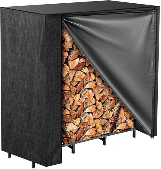Vailge Firewood Rack Cover 4FT, Waterproof Firewood Rack Outdoor Cover with Full Front Zipper & Windproof Straps, Heavy Duty 600D Oxford Log Protector for All Seasons