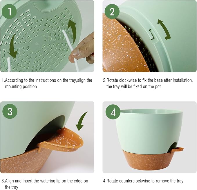 UOUZ 12 inch Large Self Watering Pots, Plastic Planters with 60oZ Removable Deep Reservoir and Multi Mesh Drainage Holes for Indoor Outdoor Garden Plants and Flowers, Green with Brown