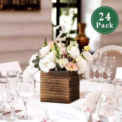 Dandat 24 Set Wood Cube Planter Box Square Wood Vase Rustic Cube Planter Box with Removable Plastic Liner Floral Foam Blocks for Centerpieces Home Wedding Garden Decor, Country Style (Brown)